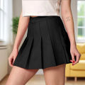 Women's High-Waisted Pleated Skirt - Casual Solid Color, School Uniform, Night Wear, Black. 