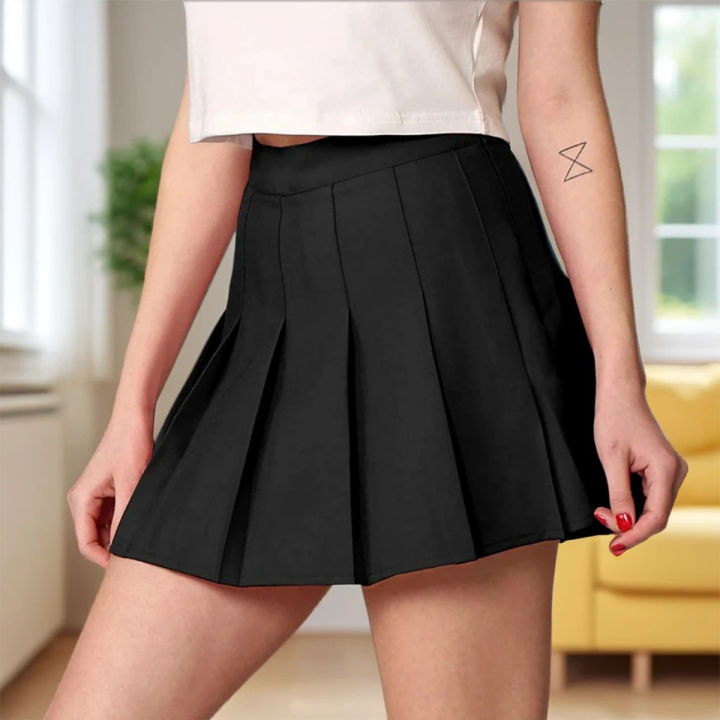 Women's High-Waisted Pleated Skirt - Casual Solid Color, School Uniform, Night Wear, Black