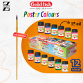 Goldfish Poster Colors 15ml Pack of 12 Colors Bottles With Free Brush inside Kids School Pack. 