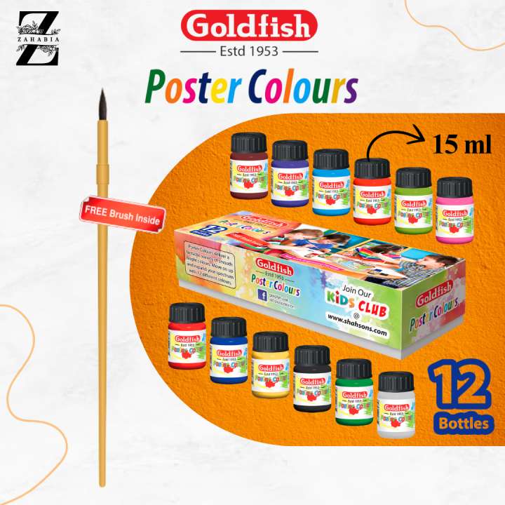 Goldfish Poster Colors 15ml Pack of 12 Colors Bottles With Free Brush inside Kids School Pack