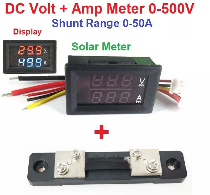 DC Solar Meter DC 0-500V 50A Voltmeter + Ammeter DC Solar Meter Voltage Current Indicator LED Dual display Amp Volt Meter Tester