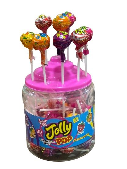 Sugarland Jollypop 40 PCS Lollipop JAR MIXED FLAVOURS with BUBBLE GUM INSIDE