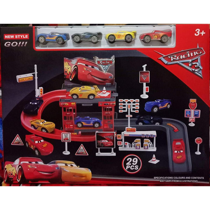 Lightning McQueen Racing Car Parking Garage and Cars Toy for Kids, 29 Pieces