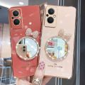 For OPPO F21 Pro (5G) Back Cover Bowknot Makeup Mirror Luxury 6D Plating Frame Shiny Cases Soft Silicone Square Protective Mobile Phone Case for Girls. 