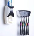 Automatic Toothpaste Dispenser With Brush Stand Wall Mount Toothbrush Holder - Toothpaste Squeezer with 5 Brushes Holder Set, Kids Toothpaste Dispenser for Shower Bathroom. 