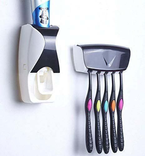 Automatic Toothpaste Dispenser With Brush Stand Wall Mount Toothbrush Holder - Toothpaste Squeezer with 5 Brushes Holder Set, Kids Toothpaste Dispenser for Shower Bathroom