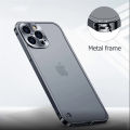 Jaster electroplated metal frame case for iPhone 11 12 13 14 Pro Max 12 13 mini 14 frosted translucent acrylic back plate cases. 