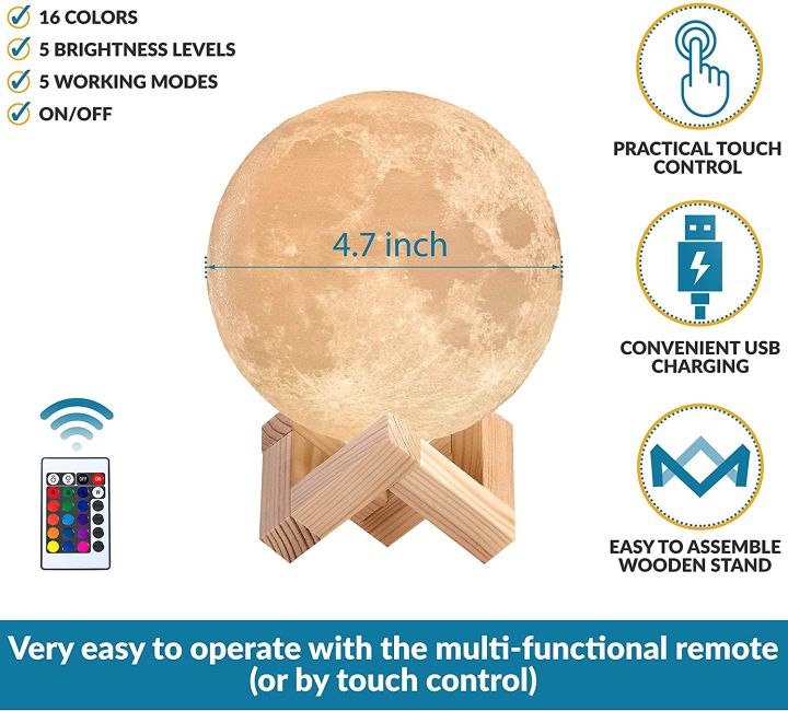 3D Moon Lamp by Mind-glowing - Cool Night Light (4.7 inch), 16 Dimmable LED Colors, Wooden Stand, Remote & Touch Control - Unique Birthday Gift Baby Nursery Decor