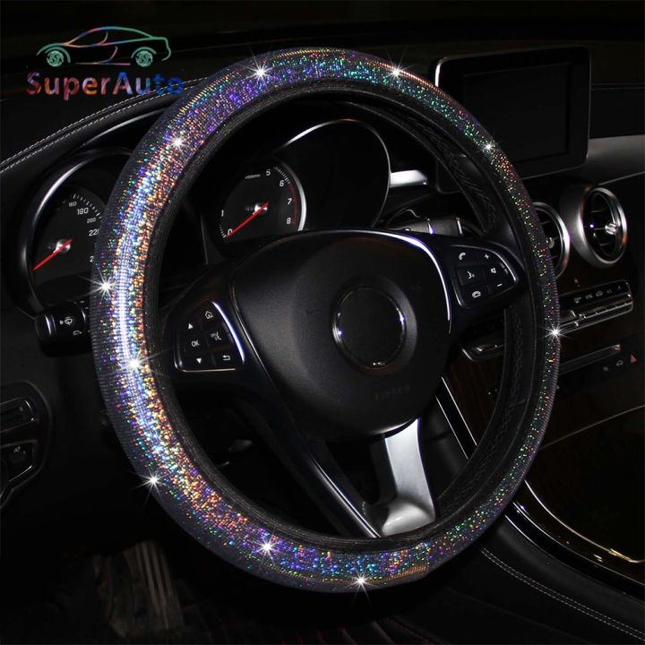 SuperAuto Car Steering Wheel Cover Universal 38CM PU Leather Rhinestones Crystal Steering Wheel Interior Car Styling