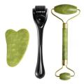 Jade & Derma Roller Gua Sha Board Massager 3 In 1 Facial Tool Set. 