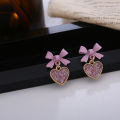 Pink Purple Bow Love Shape Temperament Female Earrings Simple Sweet Japanese And Korean Fashion Small Fresh Frosted Heart-shaped Earrings 1Pair. 