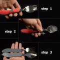 Multi-function Outdoor Camping Picnic Tableware Stainless Steel 4 in 1 Folding Spoon Fork Knife&Bottle Opener set cookware set. 