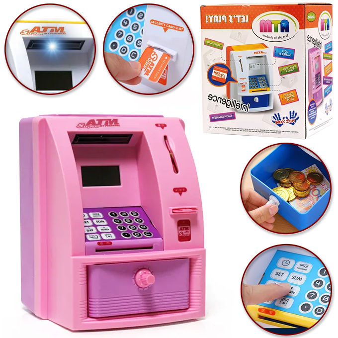 Intelligence Mini ATM Machine Toy For Kids - Lights & Sound - Cash Drawer - Deposit & Withdraw - Assorted Color