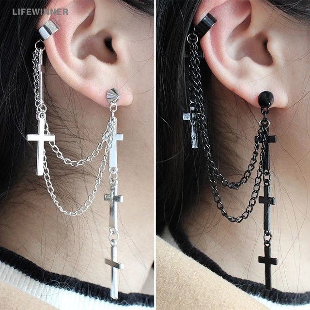 Fashion Exaggeration Fashion Tassel Ear Chains Cuff Earrings Metal Christian Chain Drop Pendants Gothic Punk Style Pendant Clip Jewelry