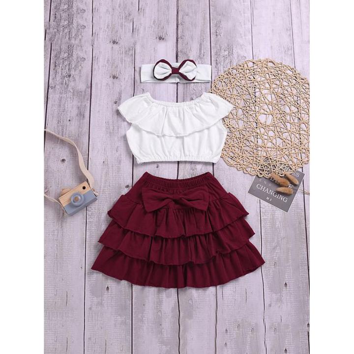 Toddler Girl Ruffle Trim Top And Bow Skirt With Headband ( Fabric Cotton) ( Size 03 Month To 5 Yrs)