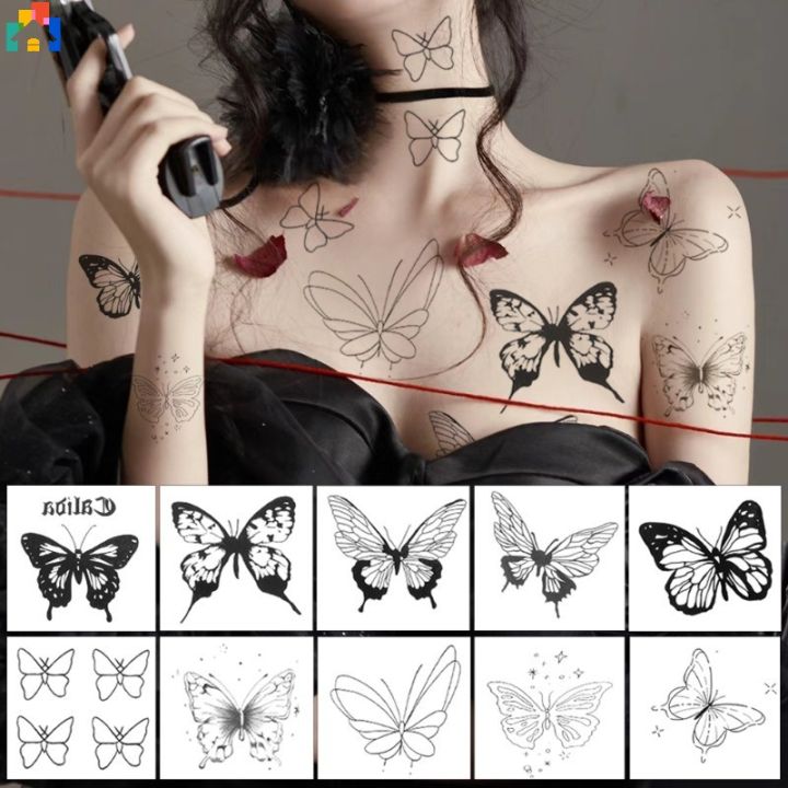 10Pcs/Set Cool Dark Butterfly Waterproof Temporary Tattoo Sticker Women Back Waist Stickers Girl Body Art Realistic Fake Tattoos