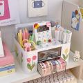 Box With Sticker Student Office Desk Decoration Pen Holder With Drawer Multifunction Desktop Organizer Stationery Storage. 