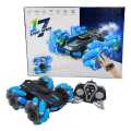 Rechargeable RC Stunt Car with Gesture Control, 2.4GHz All-Terrain Electric 4WD, Flashing Lights, USB Charging, Lithium Battery, Infrared Sensor, Remote and Watch Included, Cartoon Fantasy Theme, Red/Blue Plastic Vehicle. 