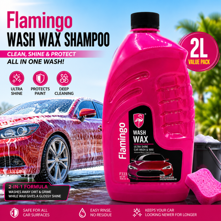 Flamingo Wash Wax Shampoo 2L – Ultra Shine Car Wash & Wax | Deep Cleaning + Gloss Protection Formula