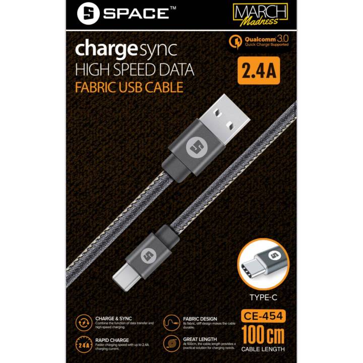 SPACE - Fabric Type-C Cable - Fast Charge + Data Sync - (CE-454)