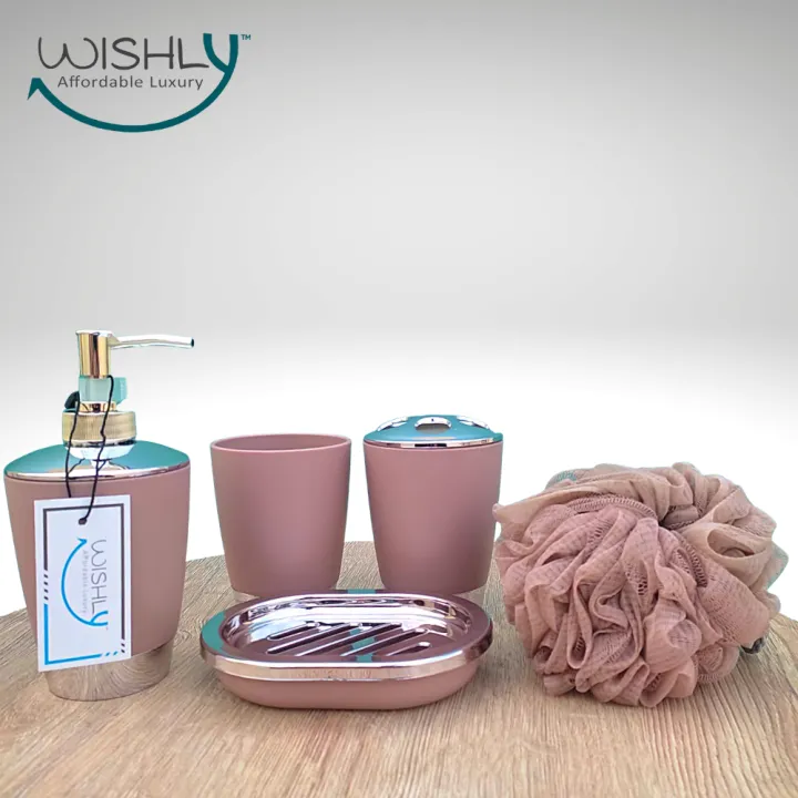 Wishly%20Plastic%20Bathroom%20Accessory%205%20Pcs%20Set%20Plain%20Mod%20Design%20Soap/Hand%20wash%20Dispenser,%20Bathroom%20Tumbler,%20Soap%20Dish,%20Toothbrush%20Holder,%20Toothbrush%20Cup%20&%20Shower%20Loofah%20Ball/Sponge%20for%20Countertop%20Home%20Decor%20Housewarming%20Gift%20Set.%20-%20Image%205