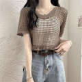 Thin hollow out sleeved knitted sweater for women 2024 new summer design sense niche loose short chic top trend. 