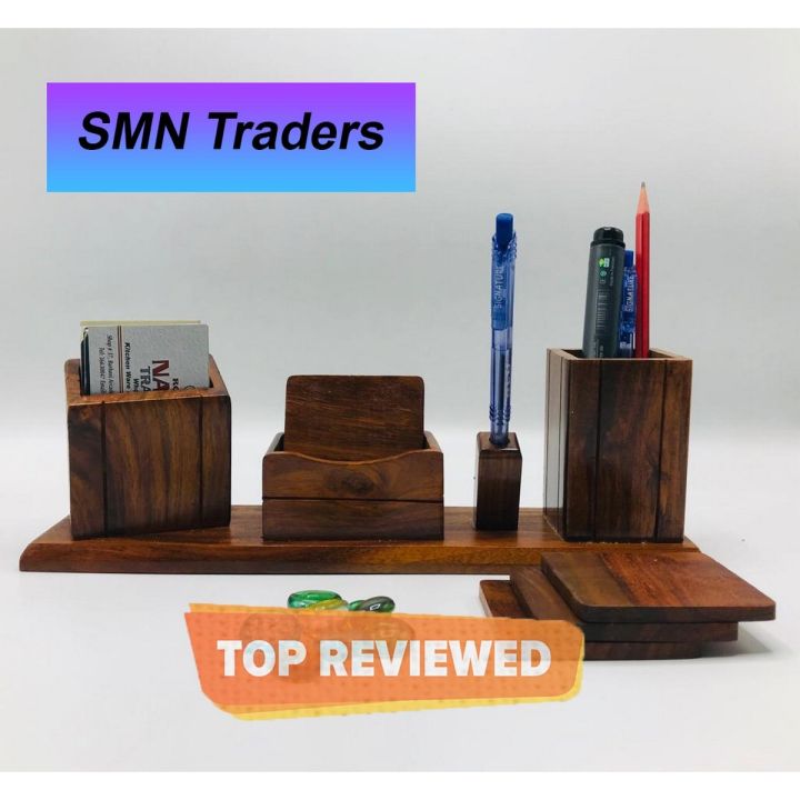 Wooden office Desk Organizer set (6 Tea Coaster/Coasters, Pen Stand and Business Card Holder/mobile stand,) (Brown desk organiser