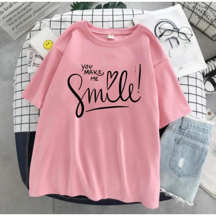 T Shirt For Girls new and stylish design smile Print Summer Wear Round Neck Half Sleeves Shirt Daraz.pk