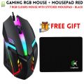 RGB Gaming Mouse With Mousepad - 7 Light Breathing Colours In Mouse & Red Medium Size Mouse Pad All Sides Stitched - USB Wired Gaming Mouse For PC & Laptop - No Side Button - Black. 