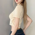 Women Cropped Tops, Short Sleeve Solid Color Metal Chain Casual Party Street Daily Spring Summer Short Shirt. 