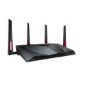 AC3100 Dual Band Gigabit WiFi Gaming Router with MU-MIMO, supporting AiProtection network security by Trend Micro, AiMesh for mesh WiFi system, and WTFast game accelerator. 