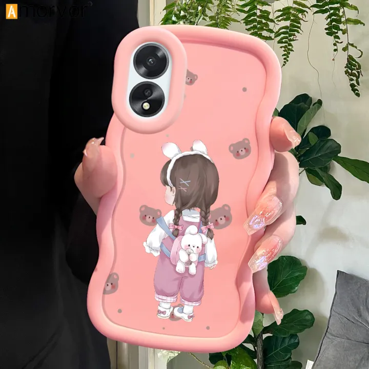 AMORVOR for OPPO A18 A38 Back Cover Lovely Girl Pattern Luxury Phone Case Macaron Wave Soft Silicone Mobile Cover