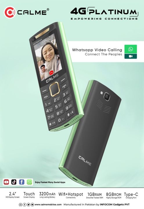 Calme 4G Platinum - 2G K budget me 4G Mobile - 2.4 Inch Touch Screen - Dual sim 4G - Wifi - Hotspot - 1GB RAM - 8GB Memory - 3200mAH battery - PTA approved - 1 year brand warranty