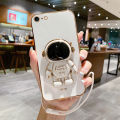 For iPhone 6s Plus / iPhone 6 Plus Back Cover with Lanyard + Cartoon Astronaut Folding Stand Luxury 6D Plating Frame Shiny Cases Soft Silicone Square Protective Mobile Phone Case. 