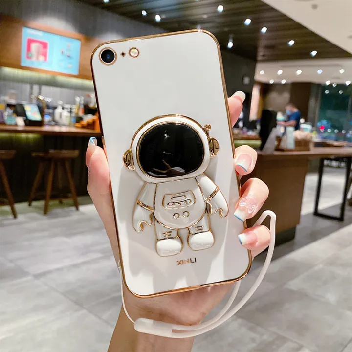 COROGI%20for%20iPhone%206s%20/%20iPhone%206%20Back%20Cover%20Cartoon%20Astronaut%20Folding%20Stand%20Stylish%206D%20Plating%20Square%20Bumper%20Case%20with%20Lanyard%20Soft%20Silicone%20Phone%20Cases%20Covers%20Pouch%20for%20Girls%20Boys%20-%20Image%204