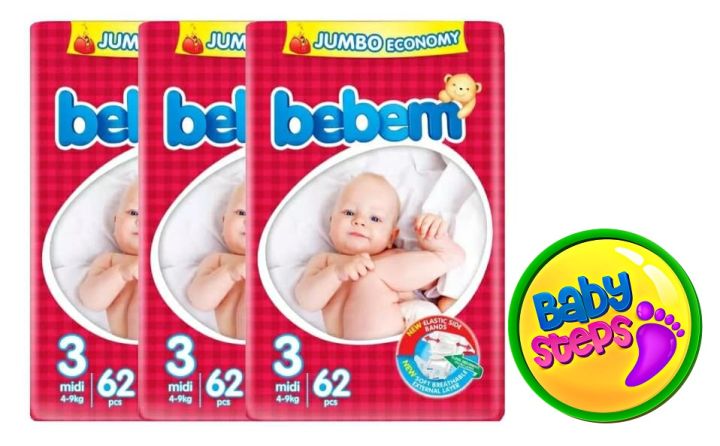 BEBEM  diapers - Jumbo economy pack - Size 3 - Medium 62 Pcs PACK OF 3