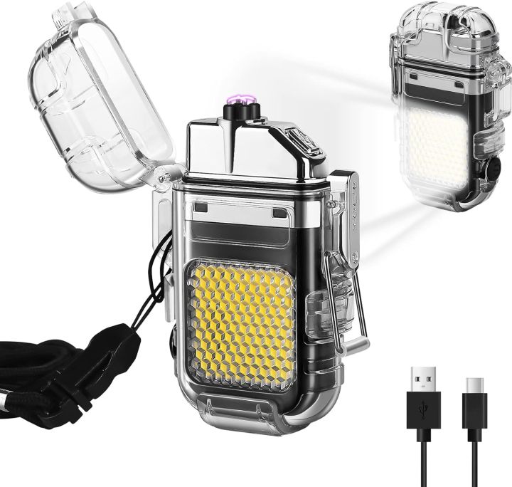 Electric Lighter USB Rechargeable Dual Arc Lighters, Cool Plasma Lighter with Waterproof Transparent Shell, 3 Modes COB Flashlight and Detachable Pocket Clip for EDC Outdoor Camping Survival