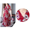 Yfashion Summer Floral Printing A-line Skirt For Women  V-neck Short Sleeves Dress Flared Sleeves Midi Skirt color. 