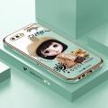 Luxury 6D Plating Soft Casing Silicone Square Frame Phone Case For OPPO A12 Case Shiny Bling Back Cover Cute Girl With Shoulder Bag Square Edge Pattern Design Soft Case + Free Lanyard. 