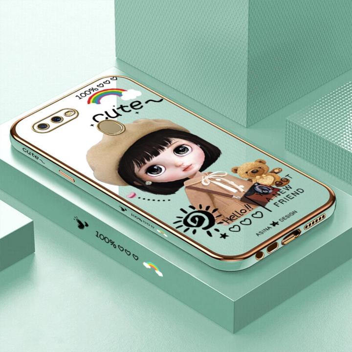 Luxury 6D Plating Soft Casing Silicone Square Frame Phone Case For OPPO A12 Case Shiny Bling Back Cover Cute Girl With Shoulder Bag Square Edge Pattern Design Soft Case + Free Lanyard