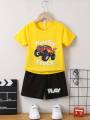 Real Boss By Rich Man 2pcs Boys Casual Monster Truck Graphic Print Short Sleeve T-shirt & Shorts Set, Comfy Summer Boys Clothes - Tshirts For Boys / Tshirts For Girls. 