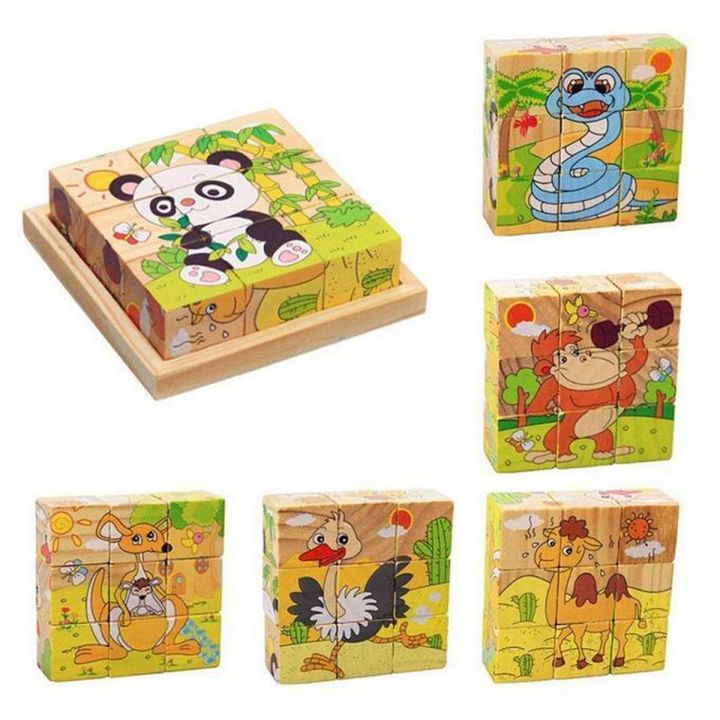 Wooden Six-sided Face 9 Pics  Animals Puzzle Kids 3D Cubic Building Children Early Educational Intelligence Toys Gift For Children