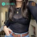DR BEI T-shirt Stretchy Off Shoulder See-through Tee Shirt. 