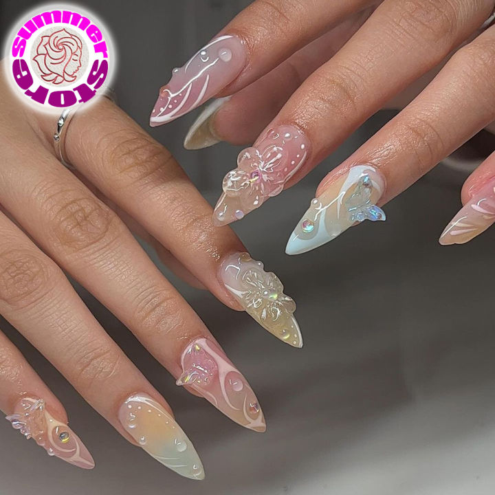SUMMER Fresh 3D Butterfly Nail Art Short Almond Artificial Nails
