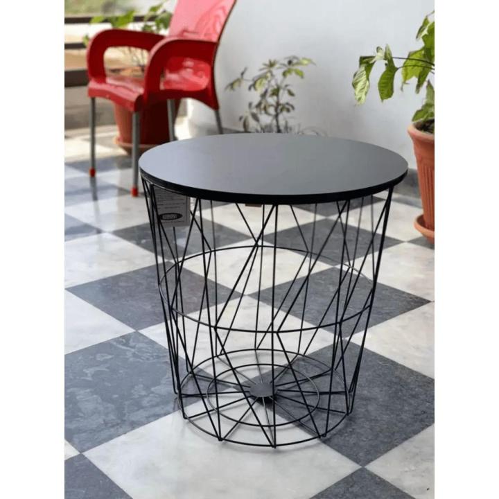 METAL WIRE REMOVABLE WOOD TOP ROUND COFFEE SIDE TABLE STORAGE BASKET TABLE (16 x 16 x 18.5)