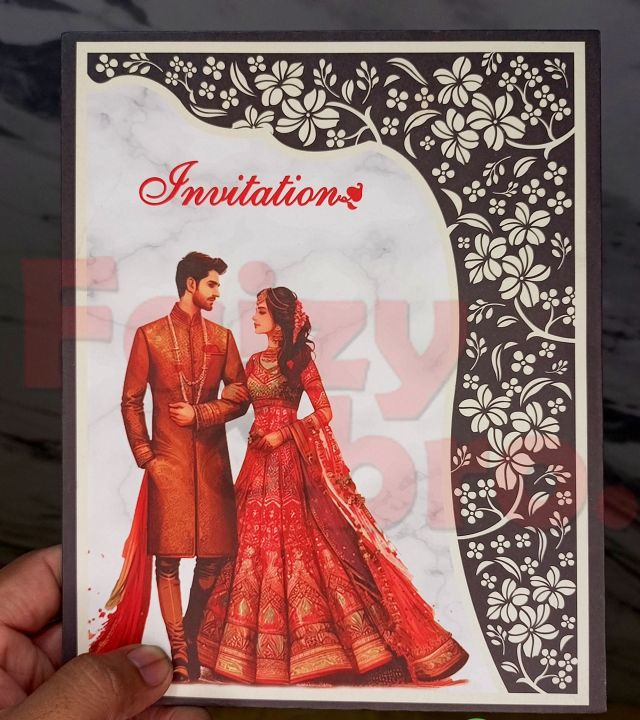 Luxury Wedding Invitation Card – Bride & Groom Illustration | Premium Mehndi, Barat, Nikah & Walima Cards