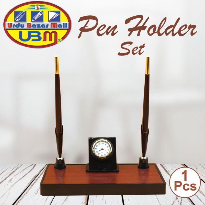 Senator Wooden Pen Holder/Pen Holder/Stand Set Office School Desk Pen Pencil Holder/Stand with Clock Pen Holder Set / Pen Organizer With 2 Long Dux Pen- Dark Brown / Office Accessories/ Office Accessories Set / Wooden Office Accessories Set  ( 1 Pcs Set )