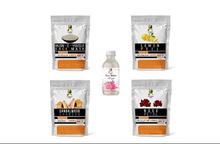 Alishba Collection 7860 5 Pouches Skin Care package with Rose Water Sandalwood powder Orange Peel Powder Multani Mitti Powder Rose Petal Powder Wild Turmeric Powder