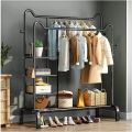 Double Pole Clothing Rack Freestanding Coat Hanger, Clothes Hanging Rails With Lower Storage Shelf. 