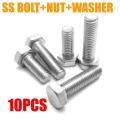 Full Thread Stainless Steel Hex Bolts with Nut 6mmx12mm Thickness 6mm, Length 12mm ( Pack of 10pcs). 